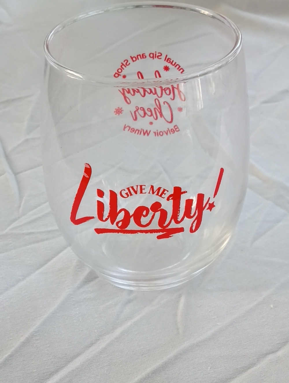 Belvoir Winery Stemless Wine Glass "Give Me Liberty"